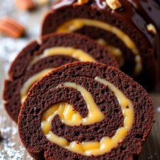 Gooey Chocolate Caramel Turtle Cake Roll Recipe