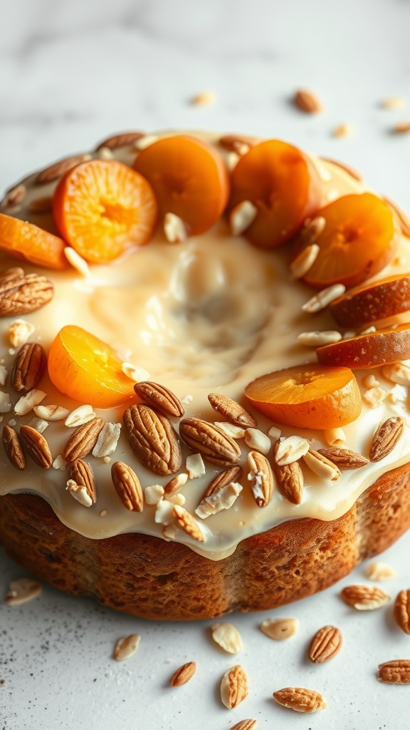 Delicious apricot almond cake topped with fresh apricot slices and almonds.