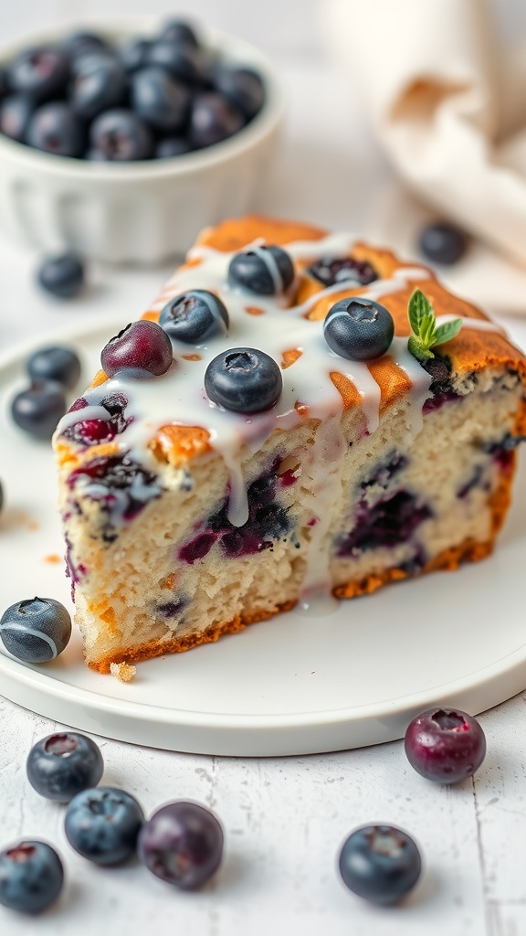 A slice of blueberry yogurt cake topped with fresh blueberries and a glaze.