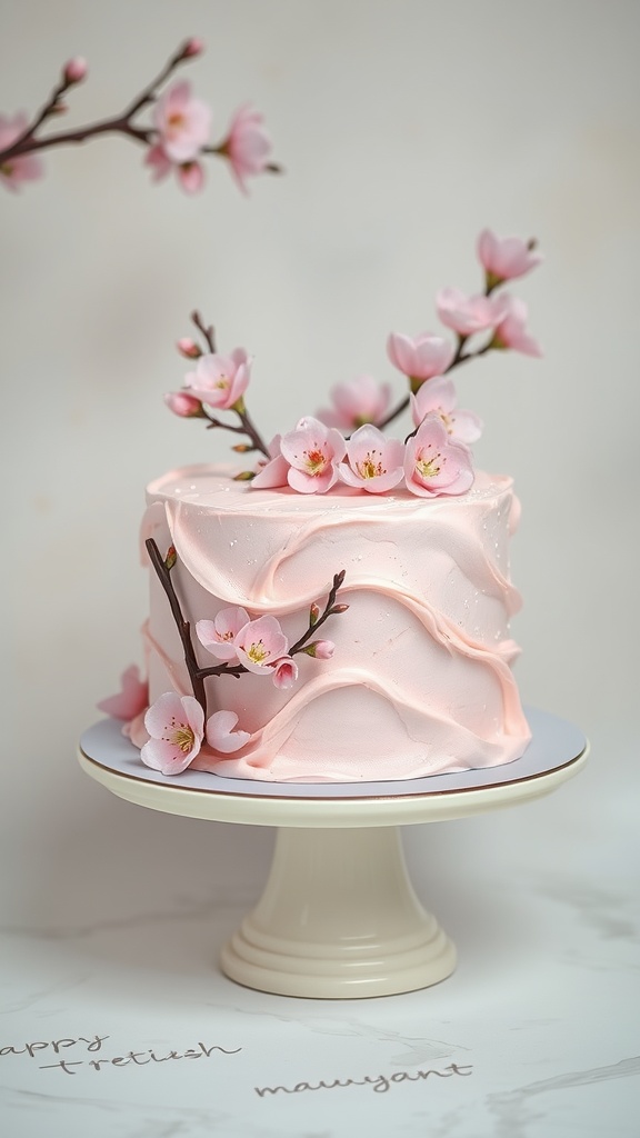 A beautifully decorated Cherry Blossom Cake with pink frosting and delicate cherry blossoms on top.