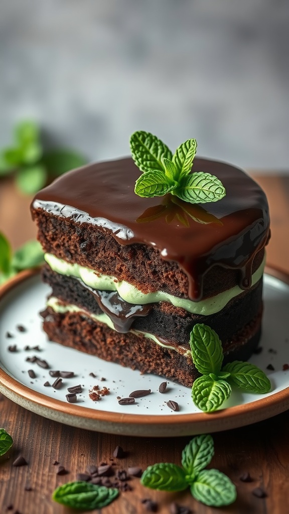 A delicious Chocolate Mint Layer Cake with dark chocolate layers and mint frosting.