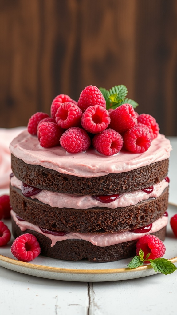 A layered chocolate cake with raspberry filling and fresh raspberries on top