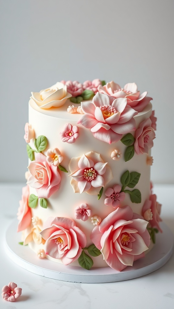 A beautifully decorated floral buttercream cake with pink roses and green leaves.