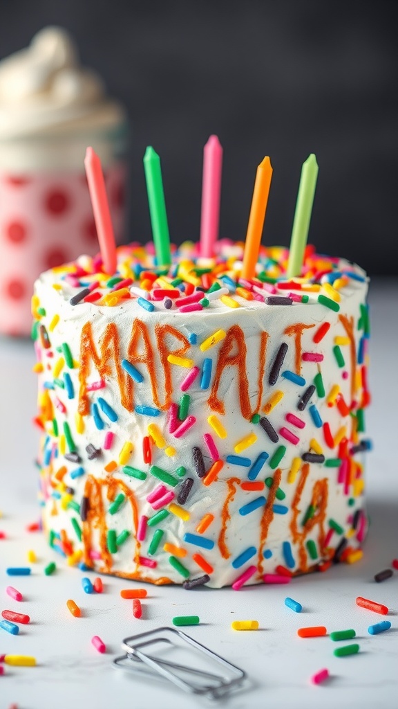 A colorful funfetti cake with sprinkles and birthday candles