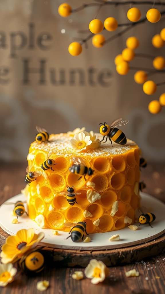 A beautifully decorated Honey Bee Cake with floral and bee-themed decorations.