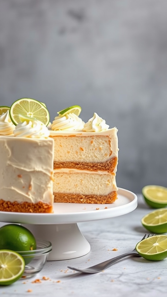 A layered Key Lime Pie Cake with whipped cream and key lime slices on top.