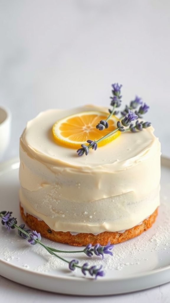 A beautifully decorated lemon lavender cake with lemon slices and lavender sprigs on top.