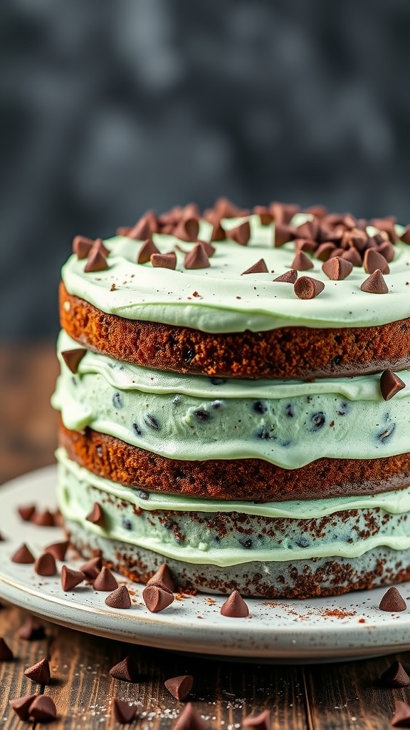 A delicious mint chocolate chip cake with layers of green frosting and chocolate chips on top.