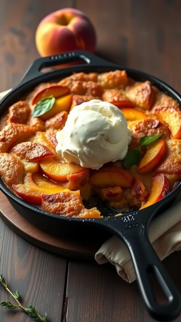 A delicious peach cobbler cake served in a skillet with peaches and ice cream.