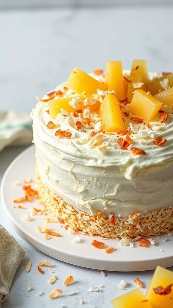 A delicious looking pineapple coconut cake topped with pineapple chunks and shredded coconut.