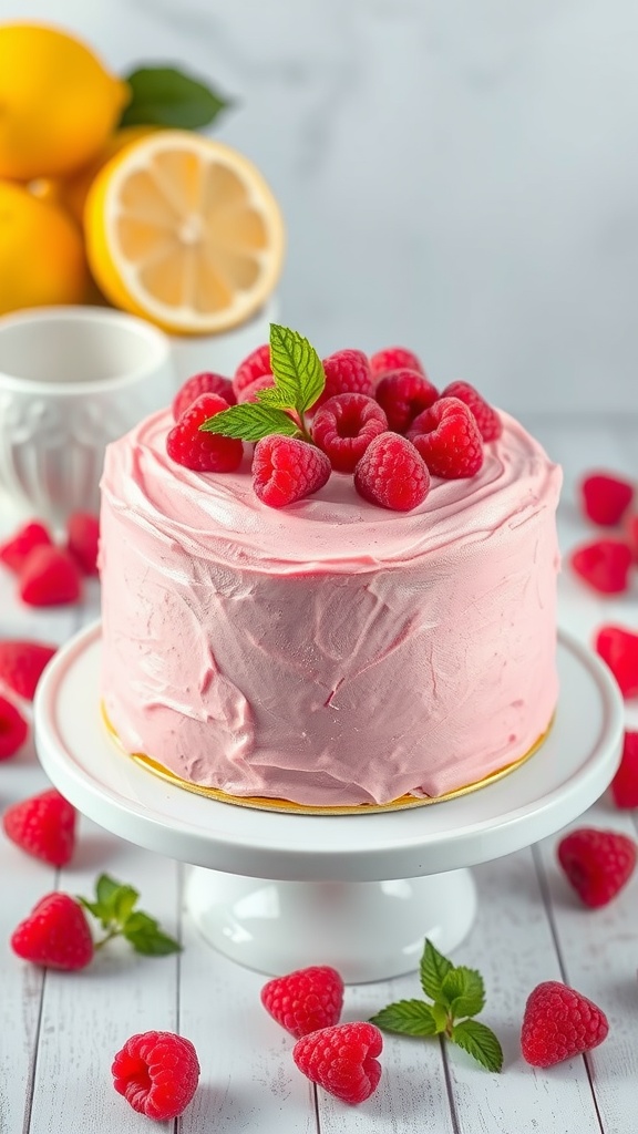 A beautifully decorated Raspberry Lemonade Cake topped with fresh raspberries and mint leaves, with lemons in the background.