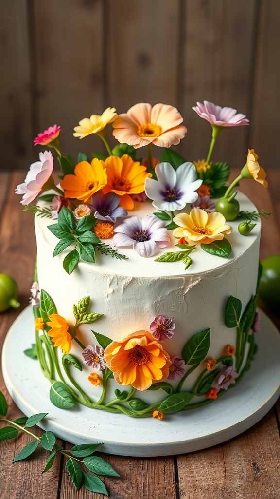 A beautifully decorated cake with colorful flowers and green leaves, resembling a spring garden.