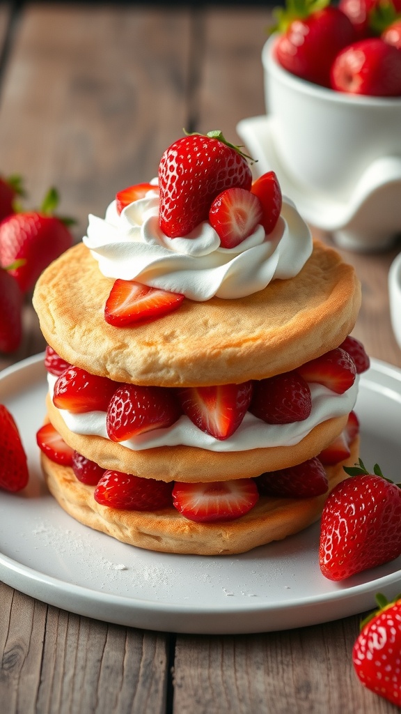 A vibrant strawberry shortcake layered with fresh strawberries and whipped cream.