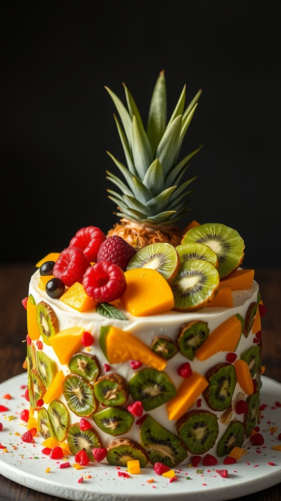 A vibrant tropical fruit cake decorated with fresh fruits like pineapple, kiwi, and mango.