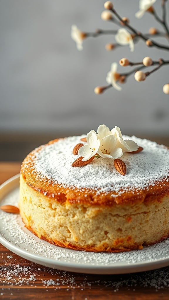 A Vanilla Almond Blossom Cake, lightly dusted with powdered sugar and topped with edible flowers and almonds, set on a wooden surface.