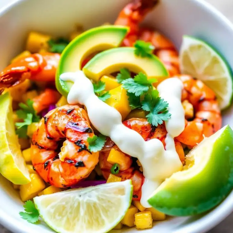 Grilled Shrimp Bowl with Avocado, Corn Salsa & Creamy Sauce Recipe
