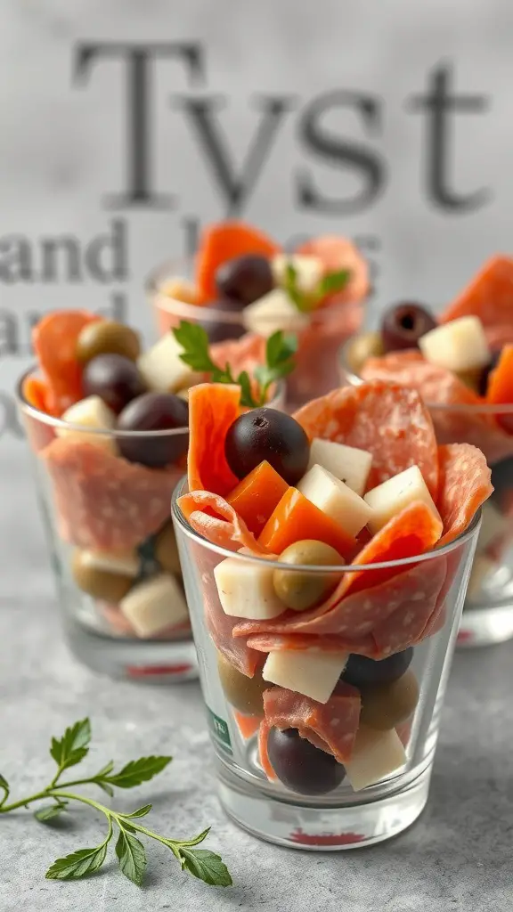 Antipasto salad cups with salami, cheese, olives, and peppers in clear cups