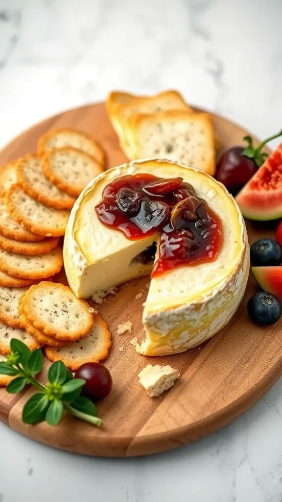 Baked Brie cheese topped with fig jam, surrounded by crackers and fresh fruits on a wooden platter.
