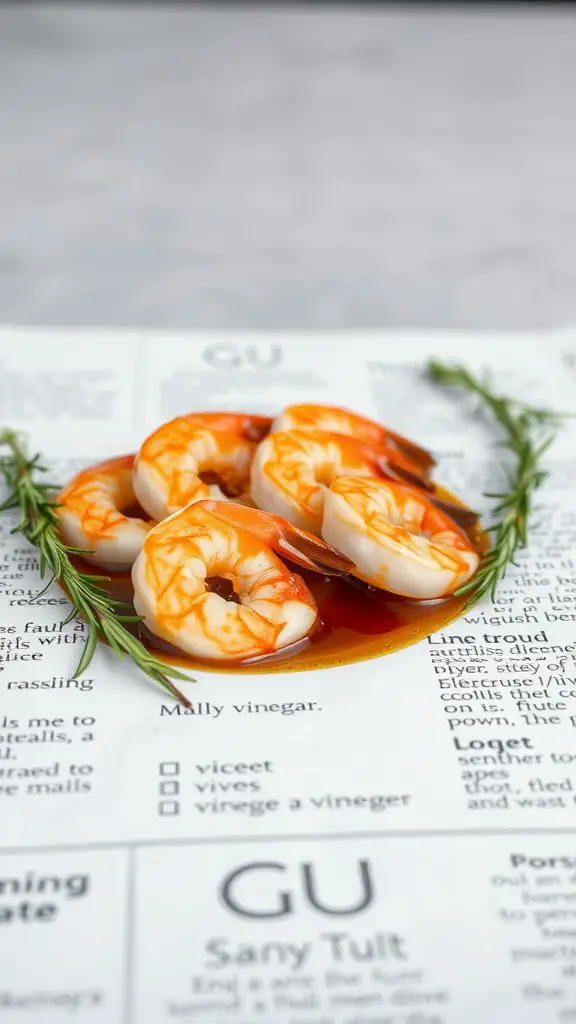 Fresh shrimp marinating in balsamic vinegar and rosemary on a recipe page