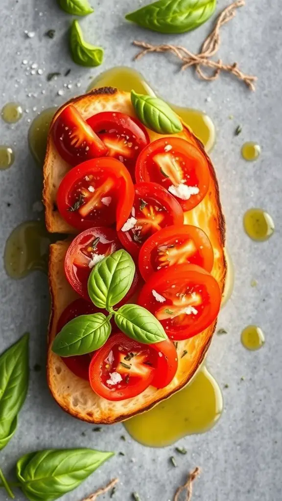 Bruschetta topped with fresh tomatoes and basil on a wooden board