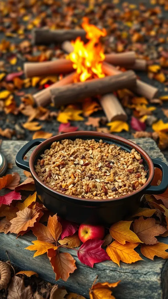 A dutch oven filled with apple crisp sits on a log surrounded by colorful autumn leaves and a campfire in the background.