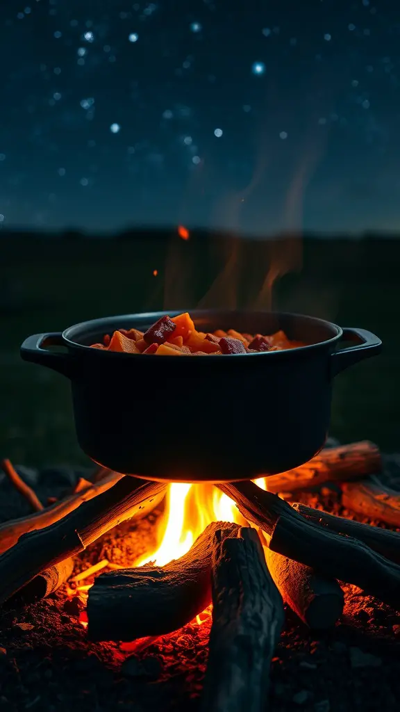 A Dutch oven filled with chili cooking over a campfire under a starry night sky.