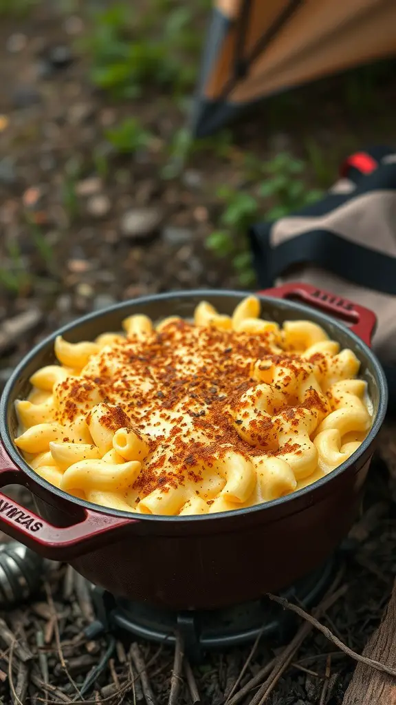 A red Dutch oven filled with creamy mac and cheese topped with breadcrumbs, sitting on a campfire.