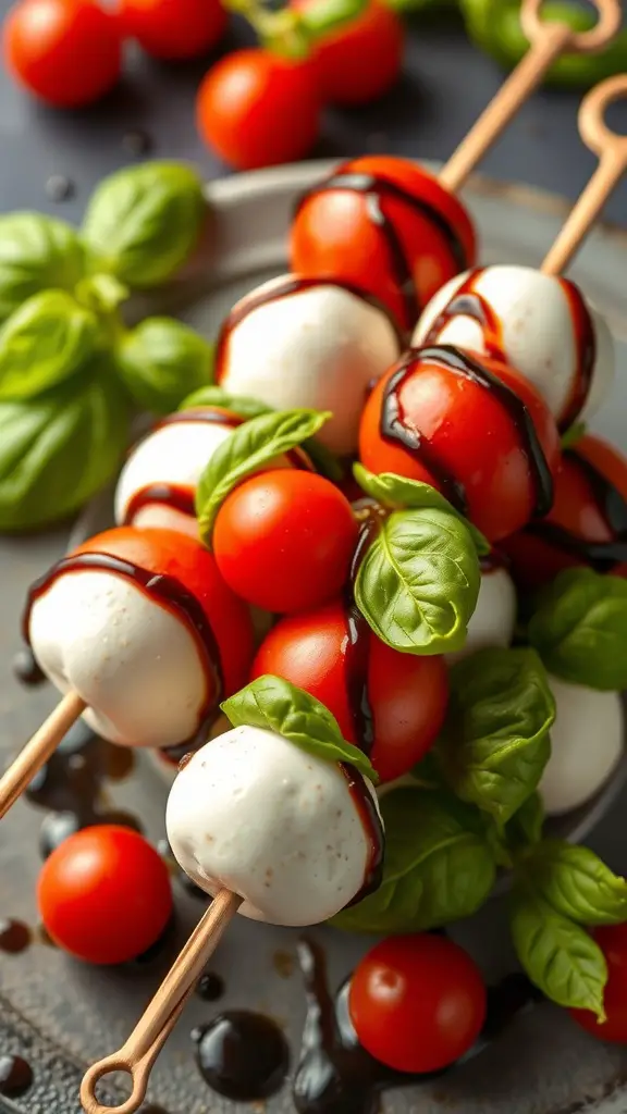 Caprese skewers with cherry tomatoes, mozzarella balls, and basil drizzled with balsamic reduction.