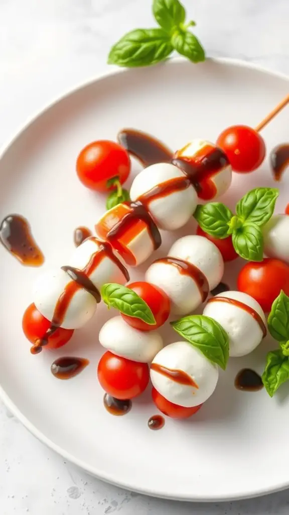 Caprese skewers with cherry tomatoes, mozzarella balls, and basil drizzled with balsamic glaze on a white plate.