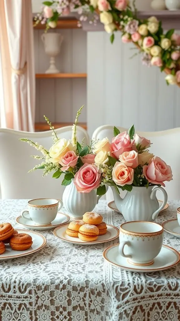 A charming tea party setup with roses, teacups, and cookies on a lace tablecloth.