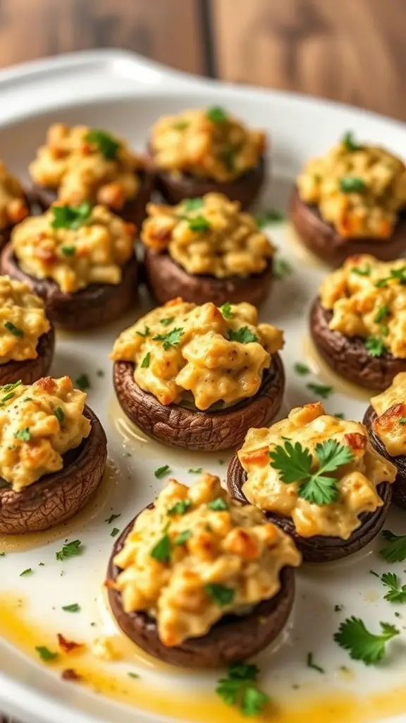 A platter of cheese-stuffed mushrooms topped with herbs