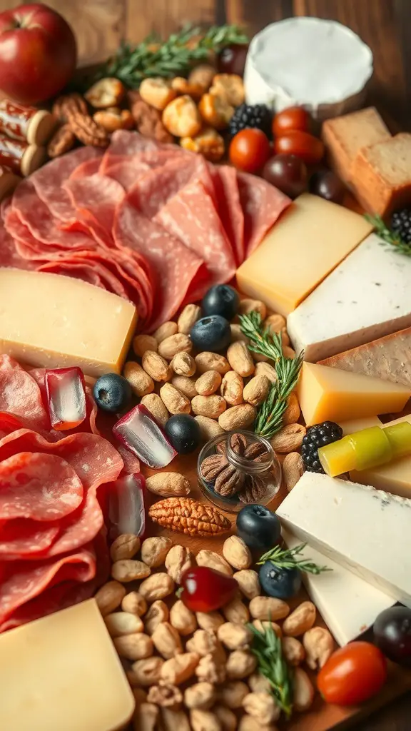 A beautifully arranged cheese and charcuterie board featuring various cheeses, cured meats, nuts, and fruits.