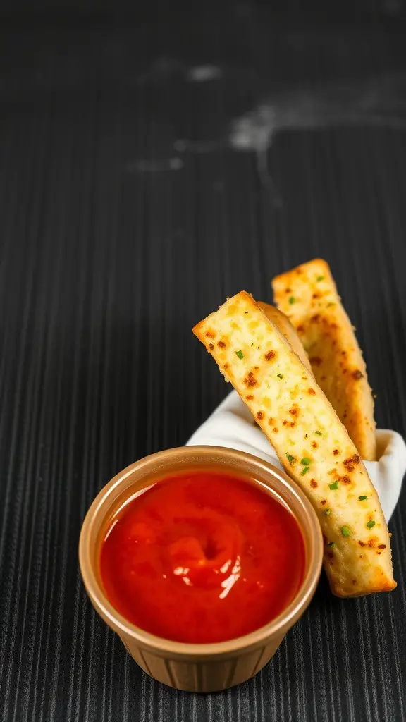 Cheesy garlic breadsticks served with marinara sauce