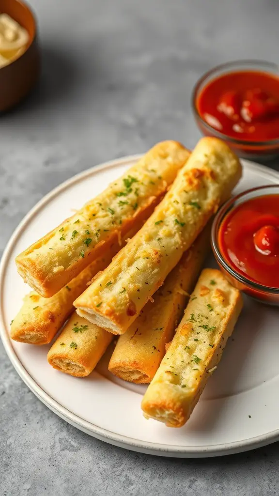 A plate of cheesy garlic breadsticks with dipping sauces