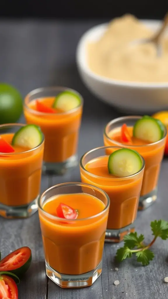Chilled gazpacho shots in clear glasses garnished with cucumber and red pepper slices.