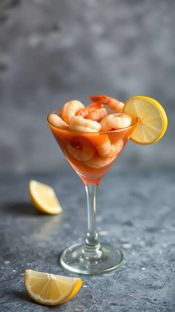 Chilled shrimp cocktail in a glass with zesty sauce, garnished with lemon and mint.