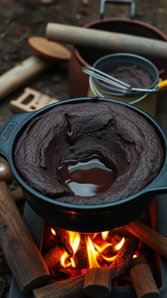 A dutch oven filled with chocolate batter over a campfire, ready to make chocolate lava cake.