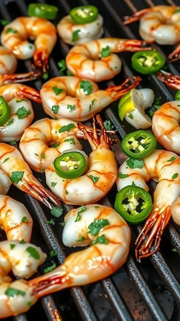 Grilled shrimp marinated in cilantro lime and jalapeño, ready for grilling.