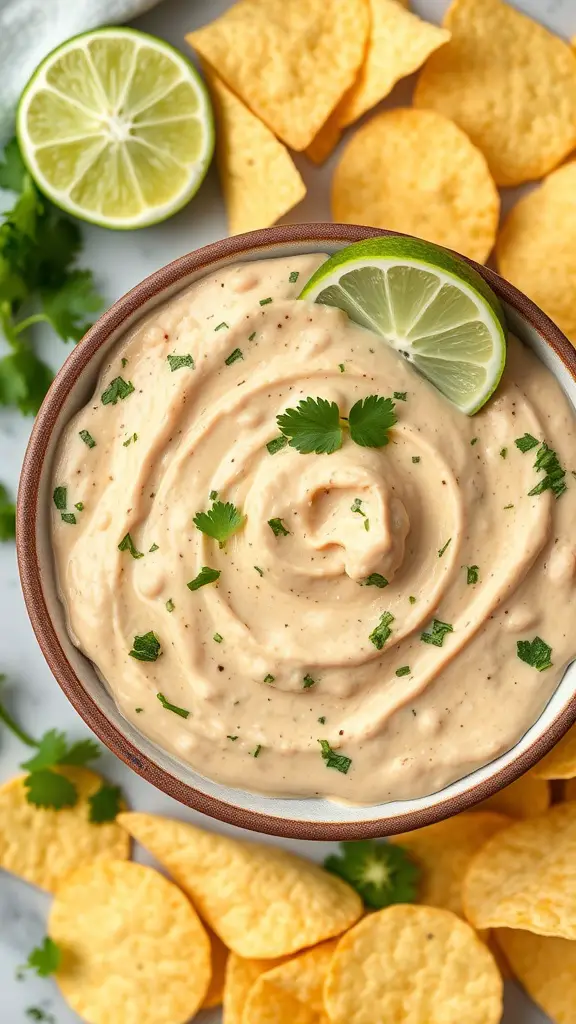 A bowl of creamy cilantro lime bean dip garnished with cilantro and lime slices, surrounded by tortilla chips.