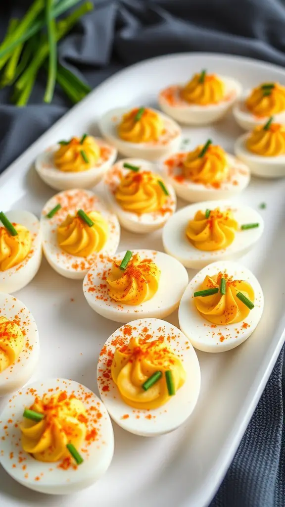 A platter of classic deviled eggs topped with paprika and chives.