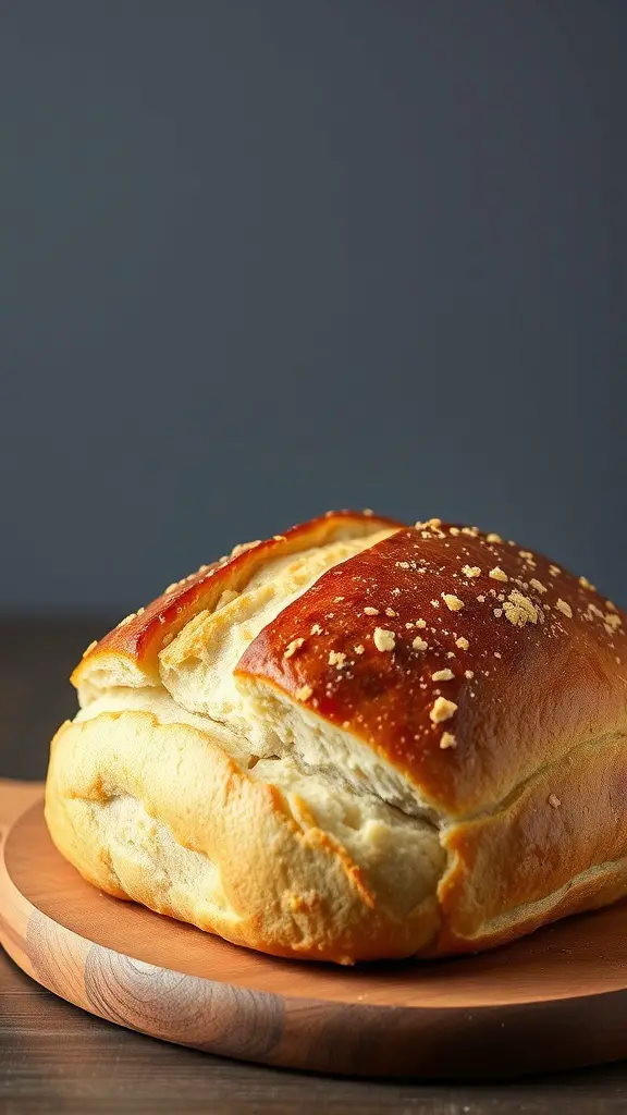 A freshly baked loaf of bread with a crispy crust on a wooden board.