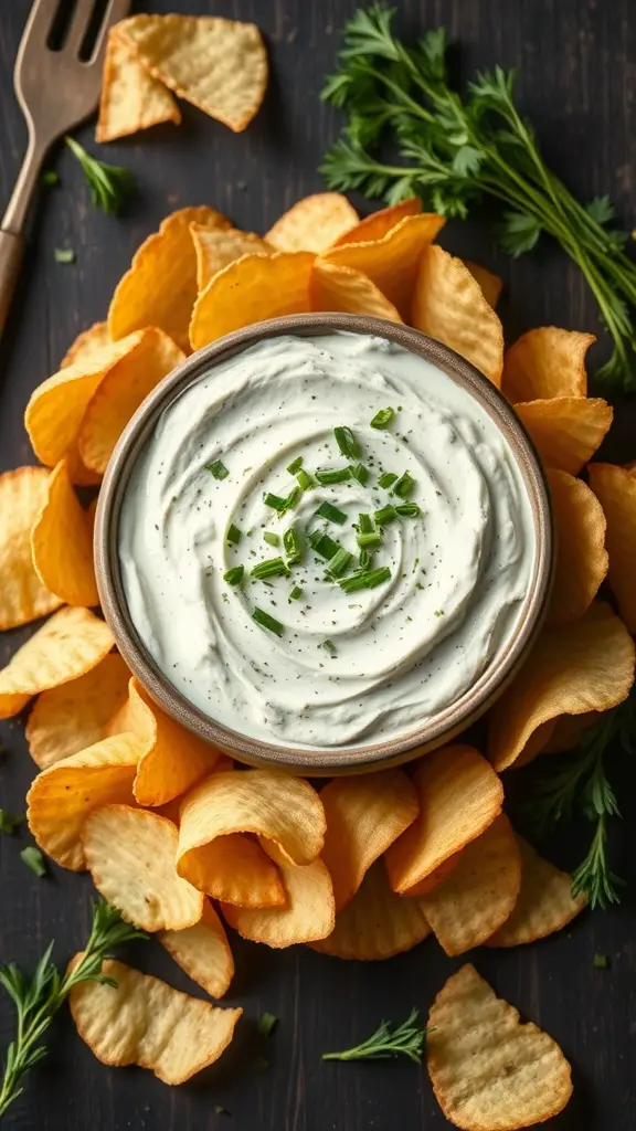 A bowl of classic French onion dip surrounded by potato chips and garnished with chives.
