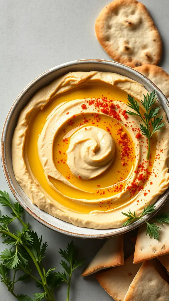 A bowl of classic hummus drizzled with olive oil, garnished with paprika and fresh herbs, surrounded by pita chips.