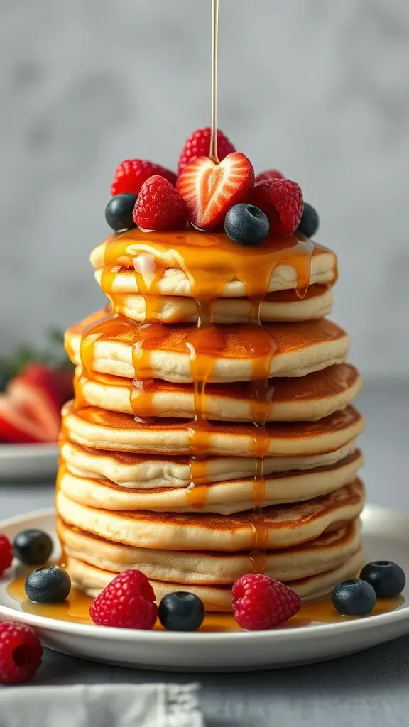 A tall stack of fluffy pancakes topped with fresh berries and drizzled with maple syrup.
