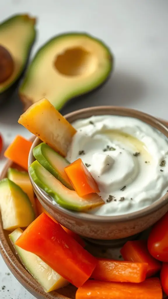 A bowl of creamy avocado and yogurt dip surrounded by colorful vegetable sticks.