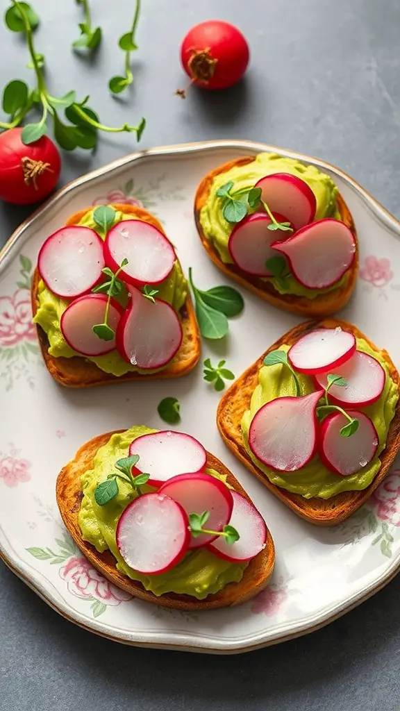 Creamy avocado toast bites topped with radish slices and herbs on a decorative plate.