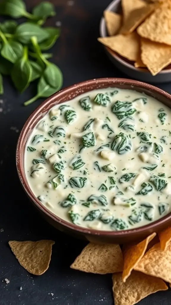 A bowl of creamy spinach and artichoke dip with tortilla chips on the side