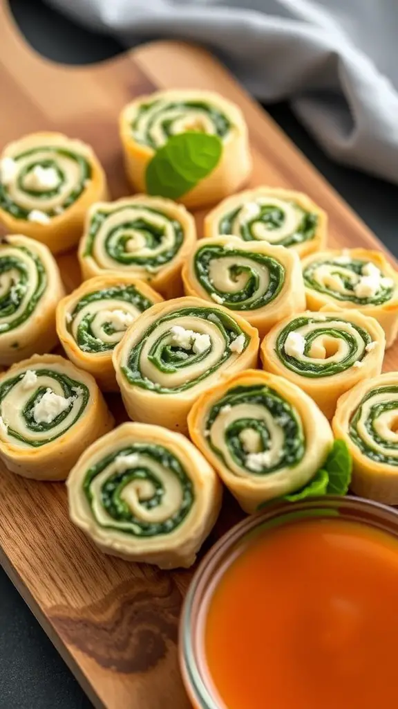 Creamy Spinach and Feta Pinwheels on a wooden platter with a dipping sauce