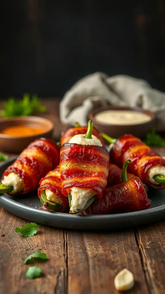 A plate of crispy bacon-wrapped jalapeño poppers with dipping sauces