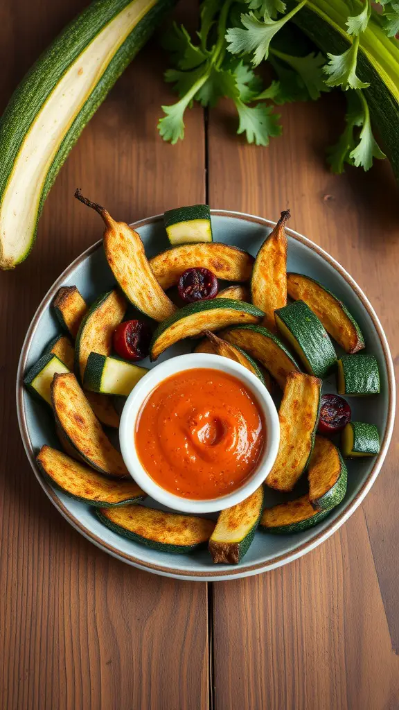 A plate of crispy baked zucchini fries with a dipping sauce